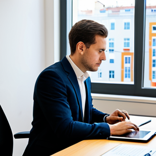 A focused professional, gender-neutral, in a modern, well-lit office setting. They are seated at a clean desk, engaging with a biofeedback application on a sleek tablet or computer screen, which displays abstract physiological data graphs. The professional exudes a calm and composed demeanor, reflecting mental clarity amidst a busy workday. The background subtly suggests a contemporary urban environment, possibly a city like Lisbon, visible through a large window. The subject is fully clothed in professional business attire, modest and appropriate. The image should convey a sense of empowerment and proactive stress management. Perfect anatomy, correct proportions, natural pose, well-formed hands, proper finger count, natural body proportions. High-resolution professional photography, natural lighting, safe for work, appropriate content, fully clothed, family-friendly.