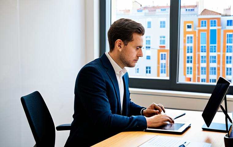 A focused professional, gender-neutral, in a modern, well-lit office setting. They are seated at a clean desk, engaging with a biofeedback application on a sleek tablet or computer screen, which displays abstract physiological data graphs. The professional exudes a calm and composed demeanor, reflecting mental clarity amidst a busy workday. The background subtly suggests a contemporary urban environment, possibly a city like Lisbon, visible through a large window. The subject is fully clothed in professional business attire, modest and appropriate. The image should convey a sense of empowerment and proactive stress management. Perfect anatomy, correct proportions, natural pose, well-formed hands, proper finger count, natural body proportions. High-resolution professional photography, natural lighting, safe for work, appropriate content, fully clothed, family-friendly.