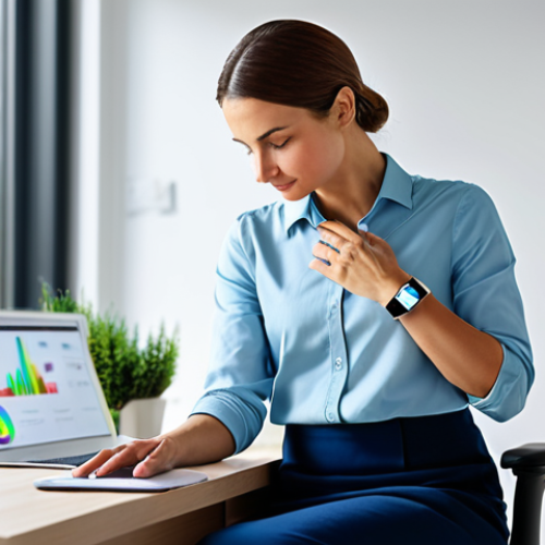 A serene professional woman, mid-30s, in modest business casual attire, seated comfortably in a bright, modern home office. She is gently touching a sleek smartwatch on her wrist, with a subtle holographic interface indicating physiological data like heart rate variability. Her expression is calm and focused, reflecting self-awareness and inner peace. The background features blurred, modern interior decor with natural light streaming in. safe for work, appropriate content, fully clothed, professional, perfect anatomy, correct proportions, natural pose, well-formed hands, proper finger count, natural body proportions, high quality, professional photography, studio lighting.
