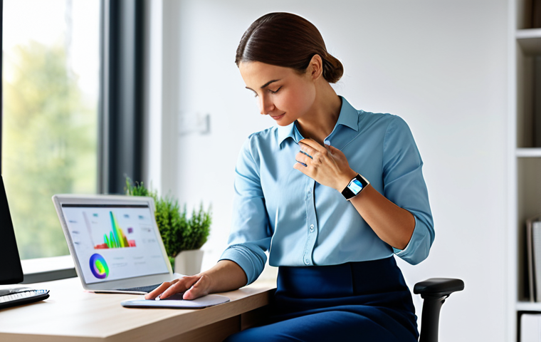 A serene professional woman, mid-30s, in modest business casual attire, seated comfortably in a bright, modern home office. She is gently touching a sleek smartwatch on her wrist, with a subtle holographic interface indicating physiological data like heart rate variability. Her expression is calm and focused, reflecting self-awareness and inner peace. The background features blurred, modern interior decor with natural light streaming in. safe for work, appropriate content, fully clothed, professional, perfect anatomy, correct proportions, natural pose, well-formed hands, proper finger count, natural body proportions, high quality, professional photography, studio lighting.