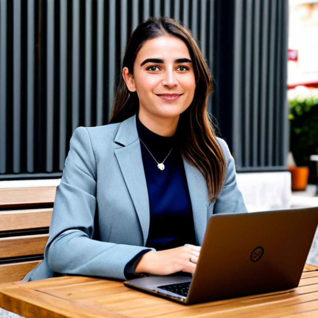 ** A professional woman in a modest, stylish business suit, sitting at a cafe table in Lisbon, Portugal, laptop open. Fully clothed, appropriate attire, safe for work, perfect anatomy, natural proportions, professional photography, high quality, modest clothing, family-friendly.
**
