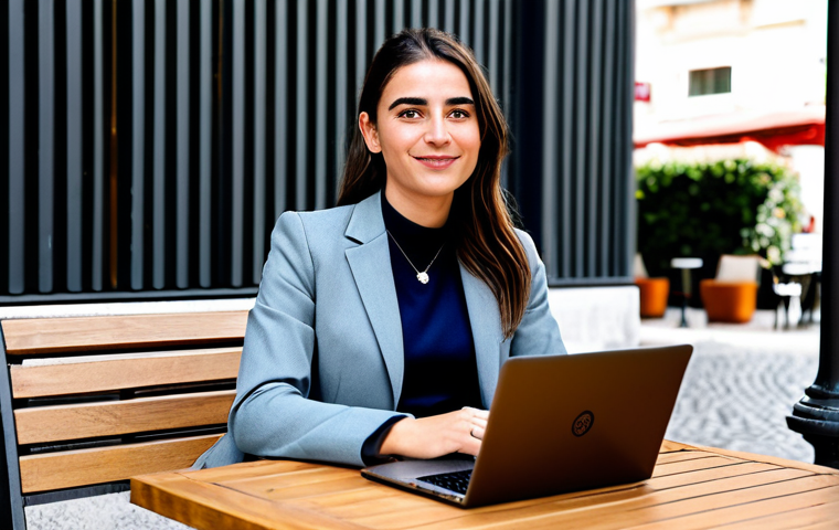 ** A professional woman in a modest, stylish business suit, sitting at a cafe table in Lisbon, Portugal, laptop open. Fully clothed, appropriate attire, safe for work, perfect anatomy, natural proportions, professional photography, high quality, modest clothing, family-friendly.
**