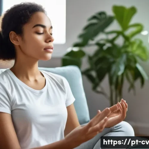 Home 32 생체 반응 자기 조절법을 활용한 문제 해결 - A serene young adult woman practicing deep, controlled breathing exercises in a modern, cozy living ...