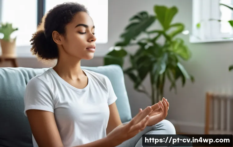 생체 반응 자기 조절법을 활용한 문제 해결 - A serene young adult woman practicing deep, controlled breathing exercises in a modern, cozy living ...