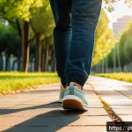 Home 19 생체 반응 자기 조절법과 자아 실현 - A serene image of a young adult practicing mindful walking in a lush urban park during early morning...