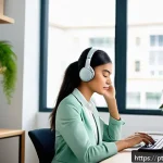 Home 18 생체 반응 자기 조절법과 직장 내 스트레스 관리 - A modern office scene showing a young professional woman sitting at her tidy desk with a small green...