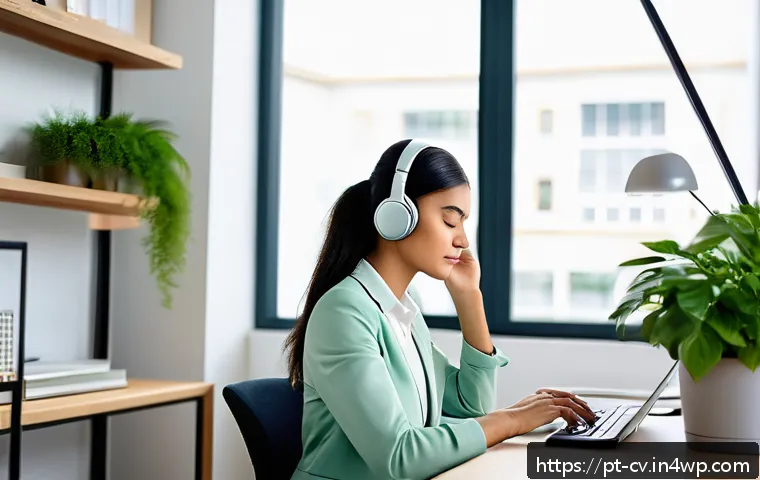 생체 반응 자기 조절법과 직장 내 스트레스 관리 - A modern office scene showing a young professional woman sitting at her tidy desk with a small green...